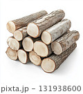 Stacked logs ready for firewood in a rustic setting with natural wood texture and bark 131938600