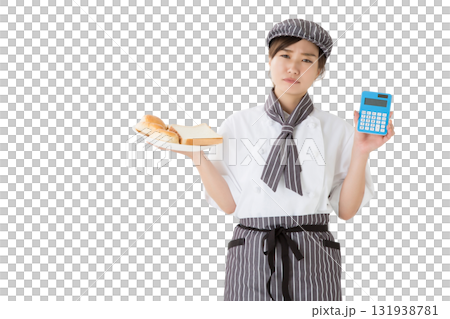 一位身穿廚師服、手拿一片麵包的女士（剪影，憂心忡忡，憂心忡忡） 131938781