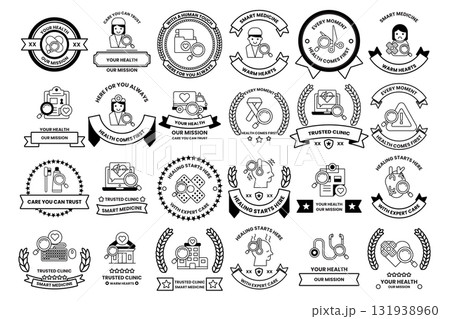 A collection of badges with various designs and text A collection of badges with various designs and text 131938960