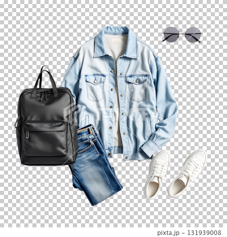 Stylish casual outfit flat lay for modern lifestyles, featuring jacket, jeans, backpack, sneakers and sunglasses, perfect for editorial fashion spreads 131939008