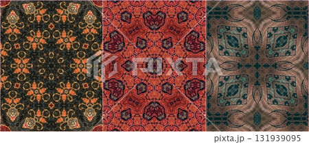 Traditional design with phulkari kalamkari motifs from Pakistan and Indian culture. Geometric ethnic floral pattern for carpet dupatta batik embroidery. Panjabi Digital print as boho Aztec texture art 131939095