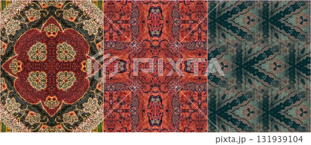 Traditional design with phulkari kalamkari motifs from Pakistan and Indian culture. Geometric ethnic floral pattern for carpet dupatta batik embroidery. Panjabi Digital print as boho Aztec texture art 131939104