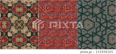 Traditional design with phulkari kalamkari motifs from Pakistan and Indian culture. Geometric ethnic floral pattern for carpet dupatta batik embroidery. Panjabi Digital print as boho Aztec texture art 131939105