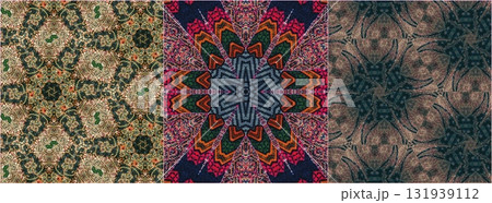 Traditional design with phulkari kalamkari motifs from Pakistan and Indian culture. Geometric ethnic floral pattern for carpet dupatta batik embroidery. Panjabi Digital print as boho Aztec texture art 131939112