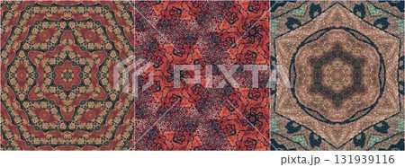 Traditional design with phulkari kalamkari motifs from Pakistan and Indian culture. Geometric ethnic floral pattern for carpet dupatta batik embroidery. Panjabi Digital print as boho Aztec texture art 131939116