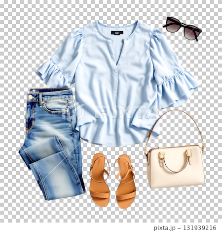 Effortless chic style with light blue blouse, denim jeans, and sandals for the modern woman's daily wardrobe, perfect for a stylish everyday look. Effortless chic style with light blue blouse, denim jeans, and sandals for the modern woman's daily wardrobe, perfect for a stylish everyday look. 131939216