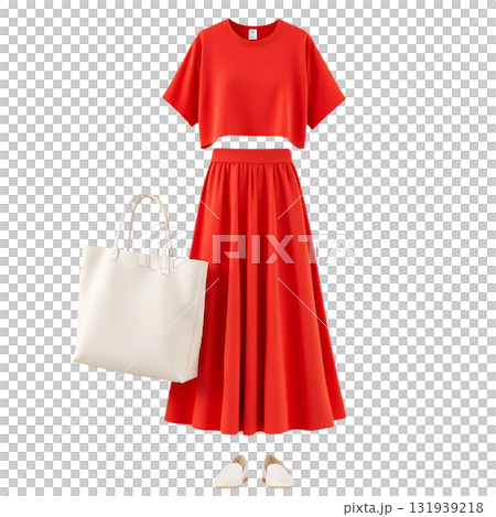 Stylish red skirt and top outfit with white tote bag and shoes, perfect for summer fashion and effortless style, radiating confidence and modern elegance 131939218
