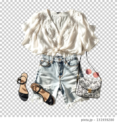 Stylish summer outfit flat lay featuring a white top, denim shorts, sandals, sunglasses and purse, perfect for fashion bloggers and online shops, trendy vibes Stylish summer outfit flat lay featuring a white top, denim shorts, sandals, sunglasses and purse, perfect for fashion bloggers and online shops, trendy vibes 131939280