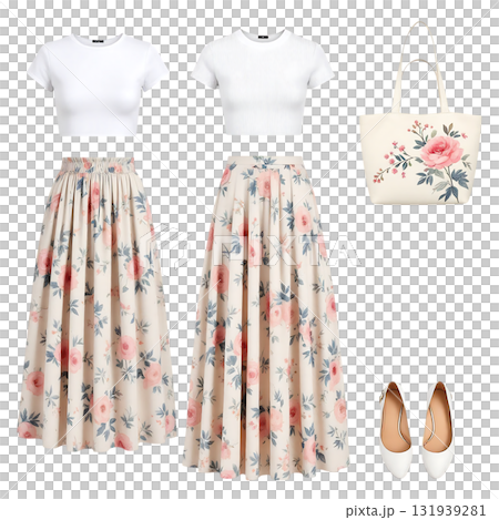 Elegant floral midi skirts paired with casual tops & tote, perfect for spring fashion inspiration & style guides, classic feminine apparel collection Elegant floral midi skirts paired with casual tops & tote, perfect for spring fashion inspiration & style guides, classic feminine apparel collection 131939281