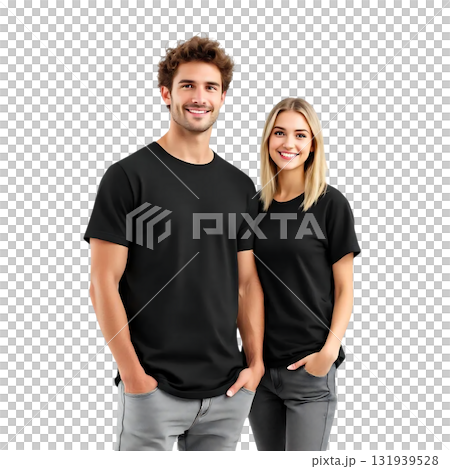 Smiling couple wearing black t-shirts, perfect for showcasing your apparel designs. Ideal for mockups, fashion promos, and branding campaigns with style and ease. Smiling couple wearing black t-shirts, perfect for showcasing your apparel designs. Ideal for mockups, fashion promos, and branding campaigns with style and ease. 131939528