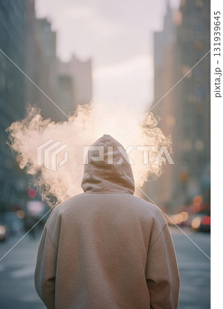 Person in hoodie exhaling in cold city street 131939645