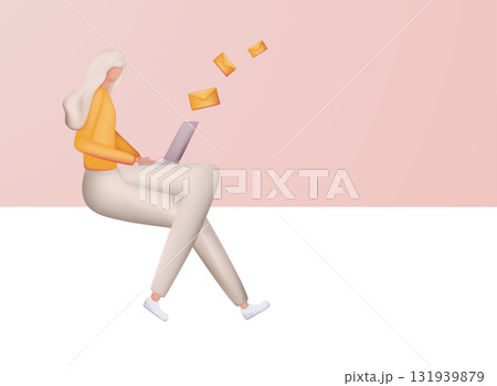 Cute 3d woman send mails, chatting. Business woman vector illustration. Working process, new email message, mail notification. 131939879