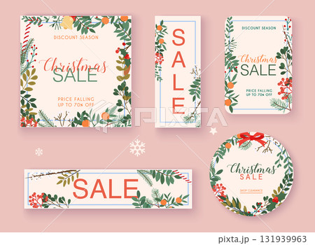 Christmas sale banner set. Discount season. Winter leafs on the background. Flat design modern vector illustration concept. Christmas sale banner set. Discount season. Winter leafs on the background. Flat design modern vector illustration concept. 131939963