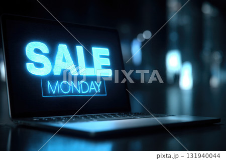 Glowing laptop screen displaying Sale Monday in dark room, creating futuristic atmosphere 131940044