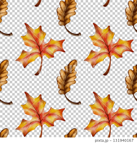 Seamless autumn pattern of maple and oak leaves,symbolizing leaf fall,harvest,and the withering of nature.Hand drawn watercolor and colored pencils illustrations Seamless autumn pattern of maple and oak leaves,symbolizing leaf fall,harvest,and the withering of nature.Hand drawn watercolor and colored pencils illustrations 131940167