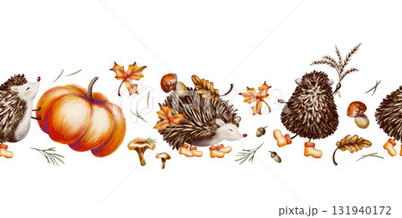 Forest character,a hedgehog,in a cute childrens style on seamless autumn border,wearing yellow rubber boots and holding a bouquet of wheat spikes,oak,maple leaves,mushrooms,big pumpkin 131940172