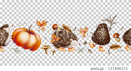 Forest character,a hedgehog,in a cute childrens style on seamless autumn border,wearing yellow rubber boots and holding a bouquet of wheat spikes,oak,maple leaves,mushrooms,big pumpkin 131940172
