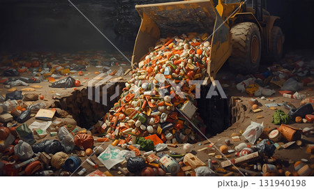 ブルドーザーで穴に捨てられるたくさんの生ごみ ブルドーザーで穴に捨てられるたくさんの生ごみ 131940198