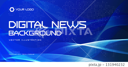 Digital news background, blue tech waves pattern, futuristic grid world map dots. For media banners, TV broadcast graphics, website headers, conference promo. Vector illustration. 131940232