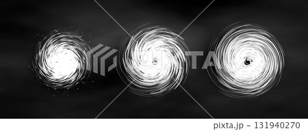 Vortex spiral swirl set, hurricane typhoon storm icons. Abstract circular energy motion. Space galaxy black hole concept. Weather news graphic design. Vector illustration. 131940270