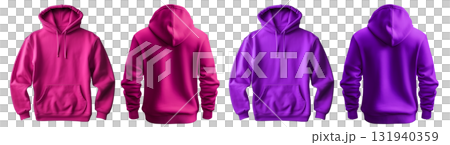 2 Set of purple pink violet front and back view tee hoodie hoody sweatshirt on transparent background cutout, PNG file. Mockup template for artwork graphic 131940359