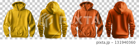 2 Set of orange yellow front and back view tee hoodie hoody sweatshirt on transparent background cutout, PNG file. Mockup template for artwork graphic 131940360