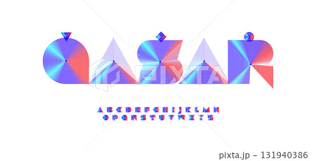 Neon geometric line logo font, concentric stripe letters using triangle, pyramid, circle, square. Futuristic metallic gradient alphabet for tech logos, UI titles, music covers. Vector typeset 131940386
