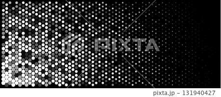 Cyber Digital Geometric Background Hexagon Halftone Gradient On Black, Shimmer Glow, Modern Tech AI Science Pattern For Banners, Slides, Web Headers. Vector backdrop 131940427