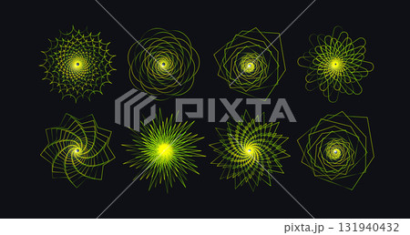 Abstract creative spiral wheels, hypnotic fractal funnels, linear fan shape set for digital art, music festival, eye-catching advertising object, sci-fi tech, spa spiritual logo. Vector illustration 131940432