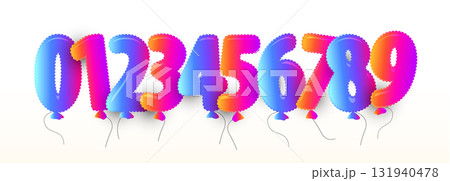 Balloon numbers, glossy gradient foil digits 0,1,2,3,4,5,6,7,8,9 for celebration design. Playful set for birthday, anniversary, party invites, kids learning, countdowns, sales. Vector illustration. 131940478