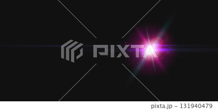 Pink neon lens flare star on black for trailer opener, product launch teaser, EDM DJ party flyer, nightclub poster, sale banner, streaming overlay, VFX asset for motion graphics. Vector illustration 131940479