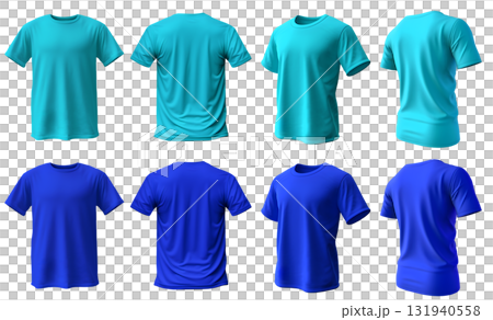 2 Set of dark and light blue aqua tee t shirt round neck front, back and side view on transparent background cutout, PNG file. Mockup template for artwork graphic 131940558