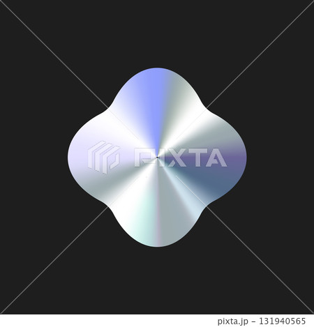 Glossy Chrome Gradient Clover Shape for Sale Tag, Premium Label, Discount Badge or Original Product Sticker. Modern Iridescent Holographic Emblem for Logo and Promo Design. Vector Illustration Glossy Chrome Gradient Clover Shape for Sale Tag, Premium Label, Discount Badge or Original Product Sticker. Modern Iridescent Holographic Emblem for Logo and Promo Design. Vector Illustration 131940565