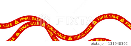 Red warning ribbon, bold yellow text, alert icon tape for final sale zone, checkout stripe design, promo urgency layout. Vector illustration 131940592