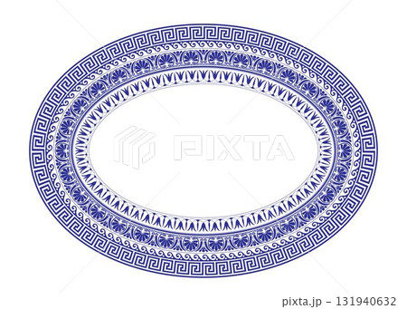 Oval blue porcelain plate with arabesque, floral meander. Greek key. Oval frame with greek ornament. Pattern of Greece, ancient Rome. For textile, embroidery, porcelain 131940632