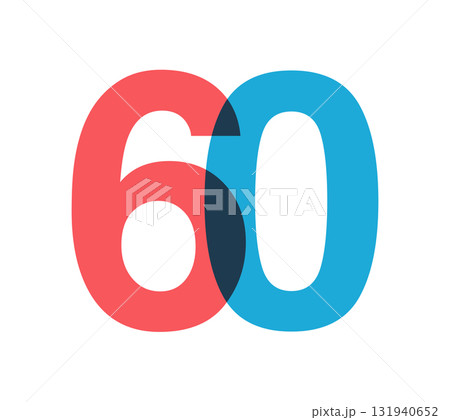 Overlapping red and blue 60 digits with transparent effect, evokes modernity, joy, energy. Anniversary number design for branding, event graphics, promotional materials. Vector illustration. 131940652