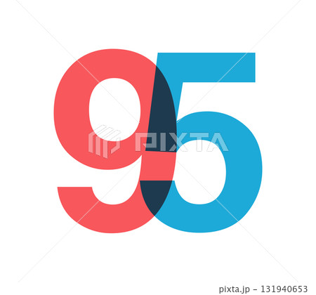 Overlapping red and blue 95 digits with transparent effect, evokes modernity, joy, energy. Anniversary number design for branding, event graphics, promotional materials. Vector illustration. 131940653