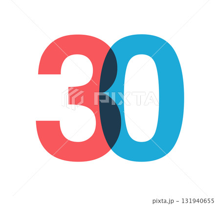 Overlapping red and blue 30 digits with transparent effect, evokes modernity, joy, energy. Anniversary number design for branding, event graphics, promotional materials. Vector illustration. 131940655