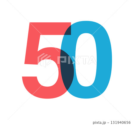 Overlapping red and blue 50 digits with transparent effect, evokes modernity, joy, energy. Anniversary number design for branding, event graphics, promotional materials. Vector illustration. 131940656