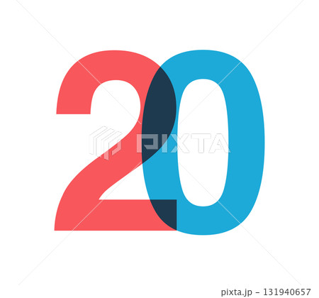 Overlapping red and blue 20 digits with transparent effect, evokes modernity, joy, energy. Anniversary number design for branding, event graphics, promotional materials. Vector illustration. Overlapping red and blue 20 digits with transparent effect, evokes modernity, joy, energy. Anniversary number design for branding, event graphics, promotional materials. Vector illustration. 131940657