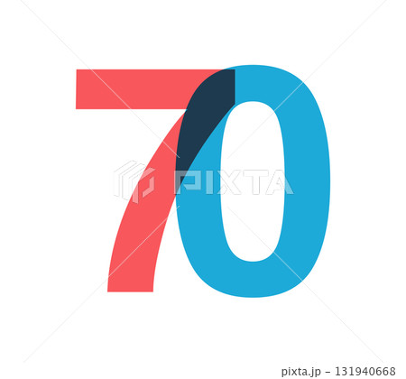 Overlapping red and blue 70 digits with transparent effect, evokes modernity, joy, energy. Anniversary number design for branding, event graphics, promotional materials. Vector illustration. 131940668
