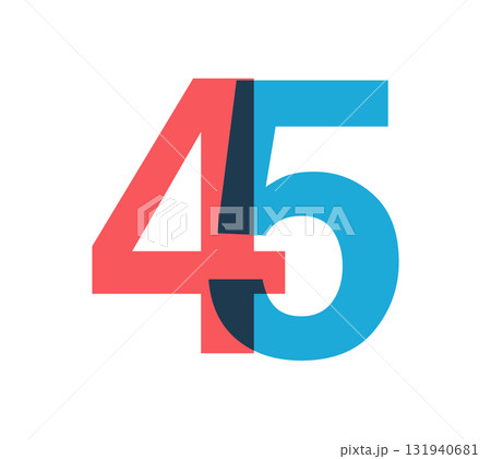 Overlapping red and blue 45 digits with transparent effect, evokes modernity, joy, energy. Anniversary number design for branding, event graphics, promotional materials. Vector illustration. Overlapping red and blue 45 digits with transparent effect, evokes modernity, joy, energy. Anniversary number design for branding, event graphics, promotional materials. Vector illustration. 131940681