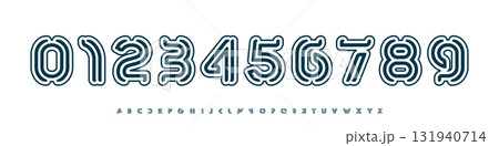 Retro numeric font, outlined loop numbers and letters, neon pop structure type for playful branding, nostalgic mood, fun merch aesthetic, youth creative digits, modern logotype. Vector typeset. 131940714