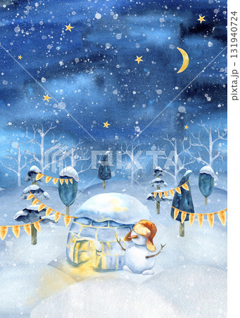 Christmas Inuit night frame with igloo, starry sky, yellow moon, snowdrift. Festive nordic forest landscape background. Decorated tree, spruce. Watercolor winter, snowman, New year scenery, snowfall 131940724