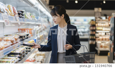 仕事帰りにスーパーに寄って買い物をする女性 仕事帰りにスーパーに寄って買い物をする女性 131940766