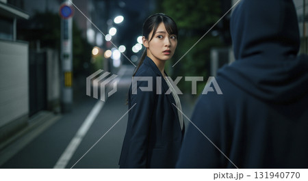 薄暗い帰り道。怪しい人物につけられているか不安 131940770