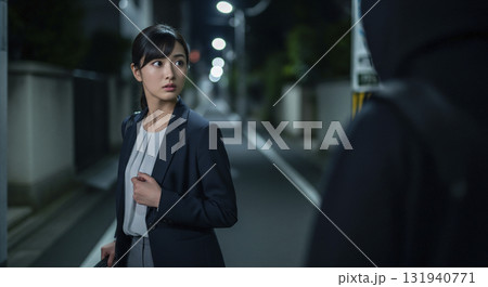 薄暗い帰り道。怪しい人物につけられているか不安 131940771