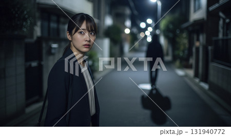 薄暗い帰り道。怪しい人物につけられているか不安 薄暗い帰り道。怪しい人物につけられているか不安 131940772