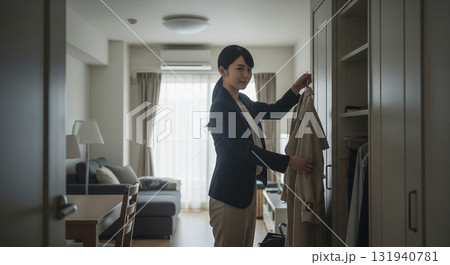 トレンチコートをクローゼットから出す女性 131940781