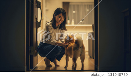 愛犬が尻尾を振って駆け寄る。 女性が笑顔でしゃがみ込み優しく撫でる 愛犬が尻尾を振って駆け寄る。 女性が笑顔でしゃがみ込み優しく撫でる 131940789
